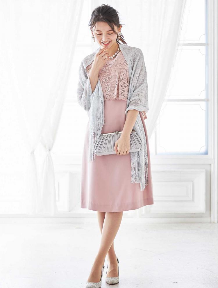 【M】五分袖レースサックドレス（ピンク）DPSET0059