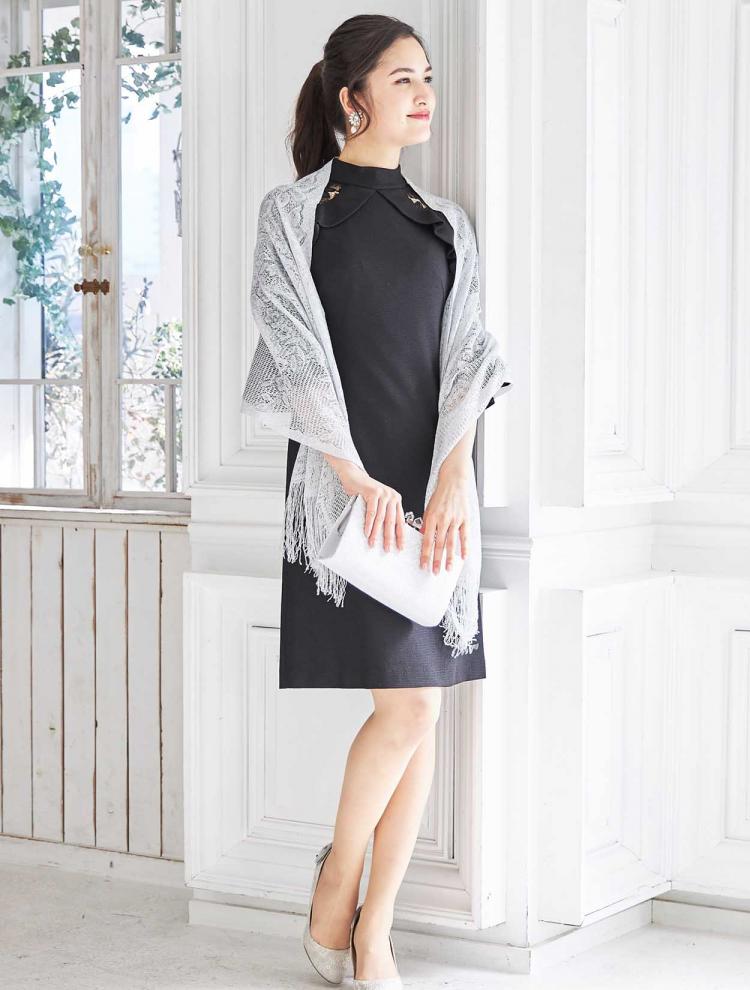 【M】ショルダーフリルスタンドネックドレス（ブラック）DPSET0069