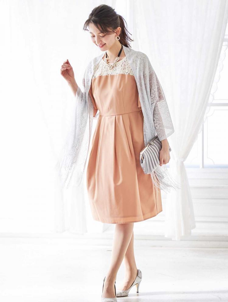 【M】胸元レース切替フレアドレス（ベージュ）DPSET0073