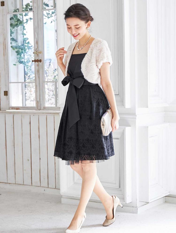 【S～L】フロッキープリントフィット＆フレアドレス（ブラック）DPSET0077