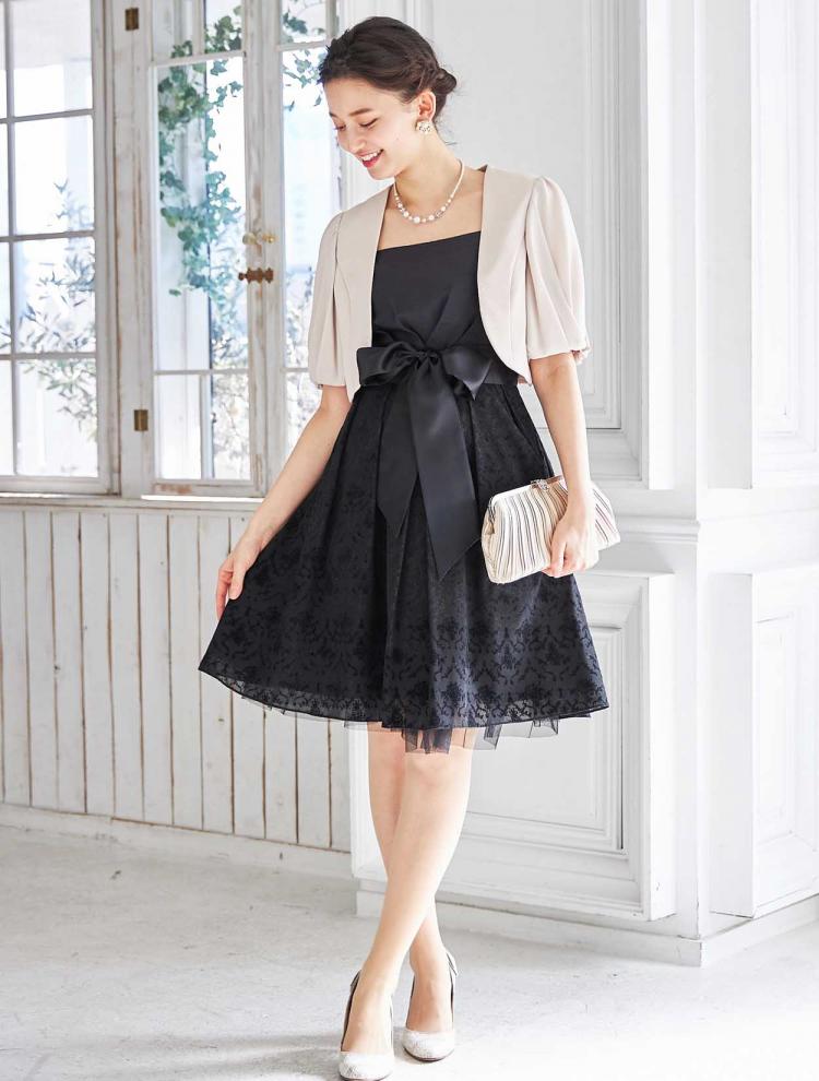 【S～L】フロッキープリントフィット＆フレアドレス（ブラック）DPSET0078