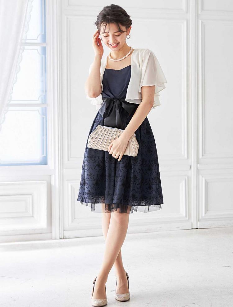 【S～L】フロッキープリントフィット＆フレアドレス（ネイビー）DPSET0080