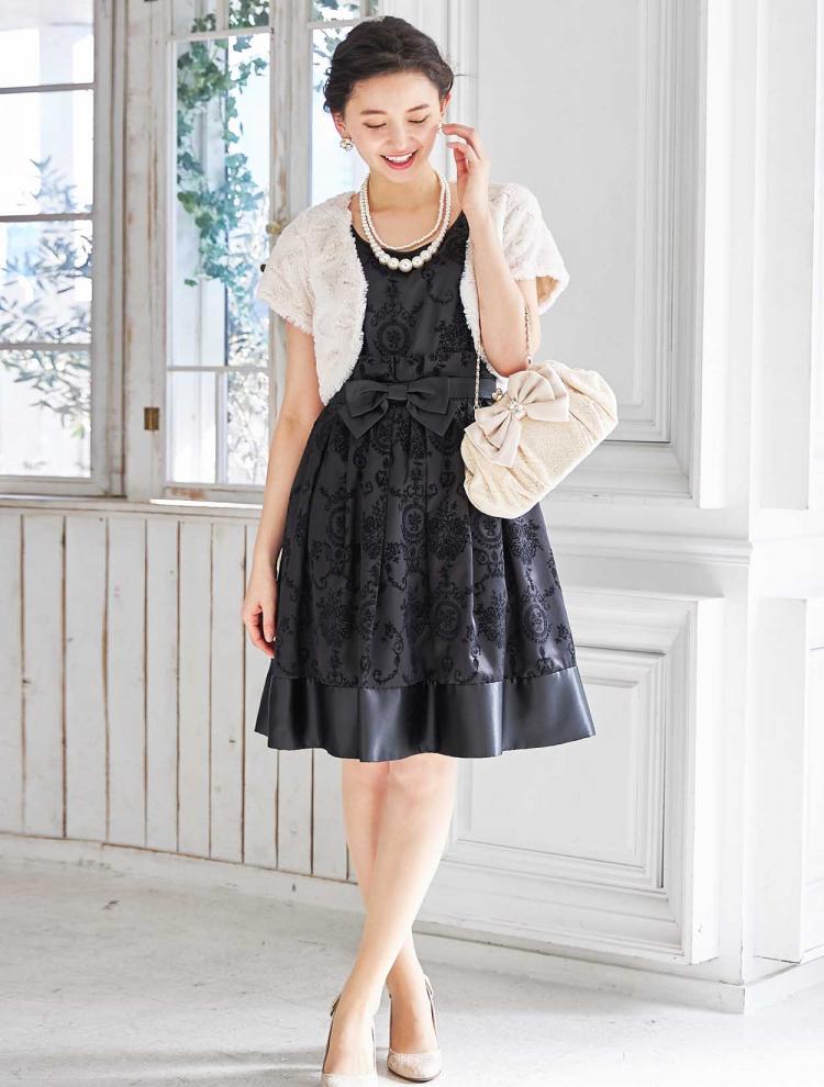 【M】フロッキー柄サテンドレス（ブラック）DPSET0081