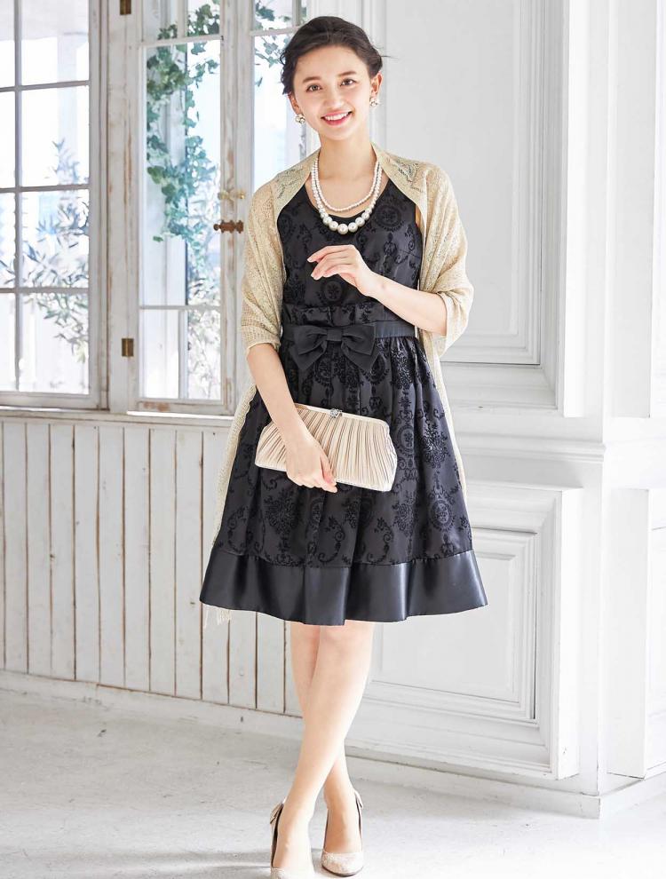 【M】フロッキー柄サテンドレス（ブラック）DPSET0082