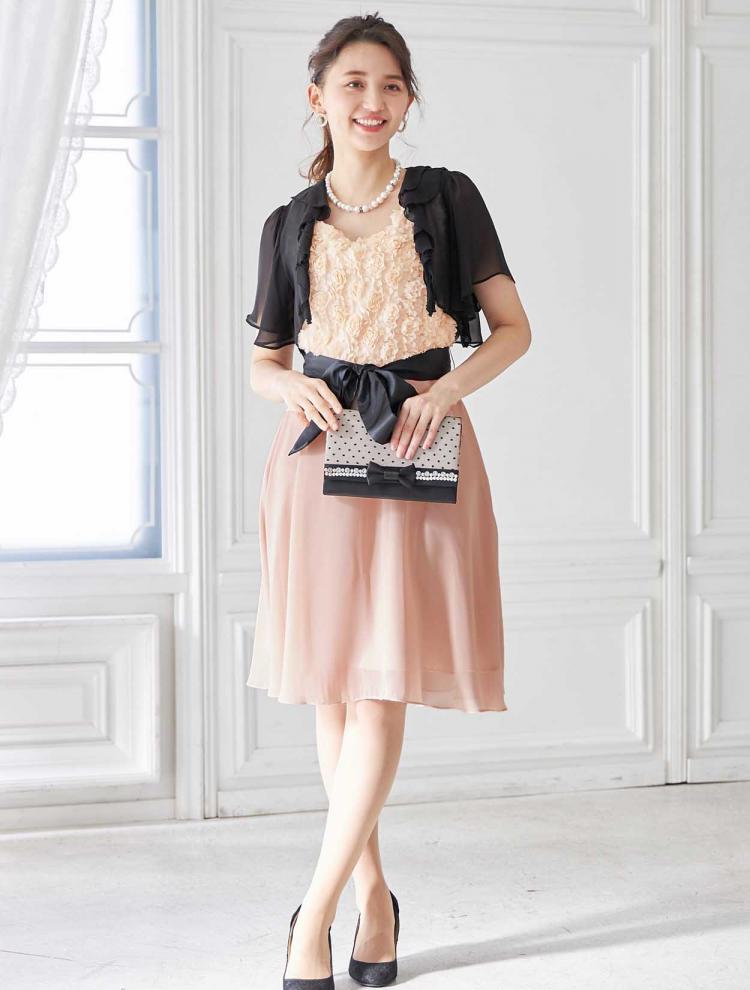 【S～L】バイカラーバラモチーフドレス（ベージュ）DPSET0090