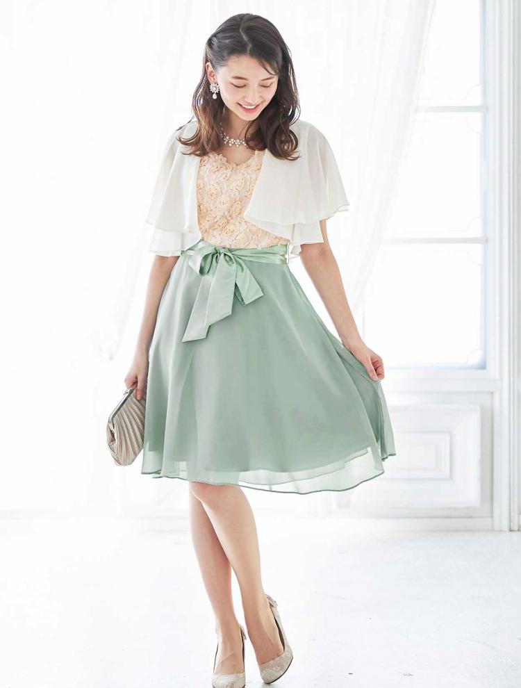 【S～L】バイカラーバラモチーフドレス（グリーン）DPSET0092