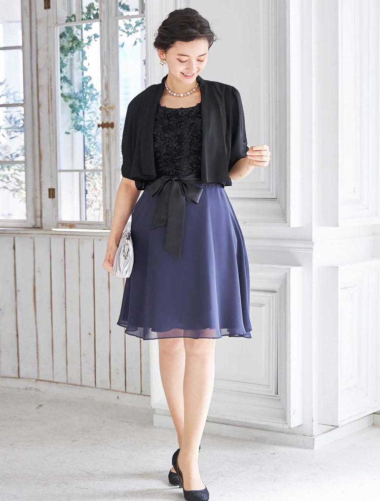 【S～L】バイカラーバラモチーフドレス（ネイビー）DPSET0093