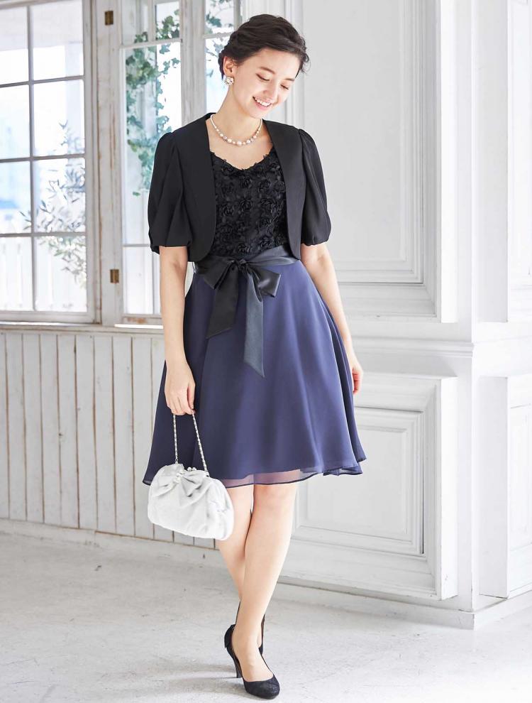 【S～L】バイカラーバラモチーフドレス（ネイビー）DPSET0094