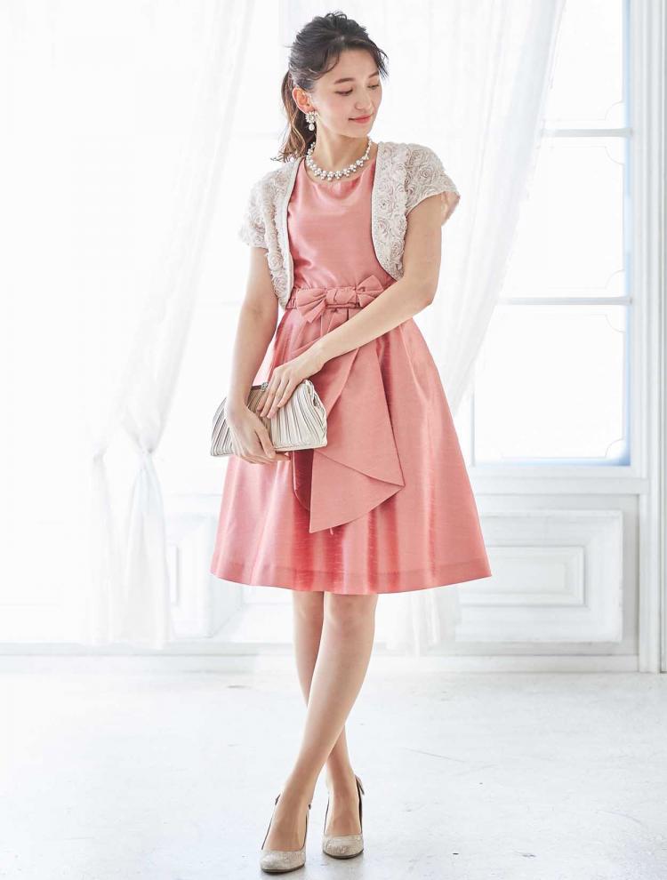 【SS～L】BIGリボンベルト フィット＆フレアレースアップドレス（オレンジ）DPSET0110