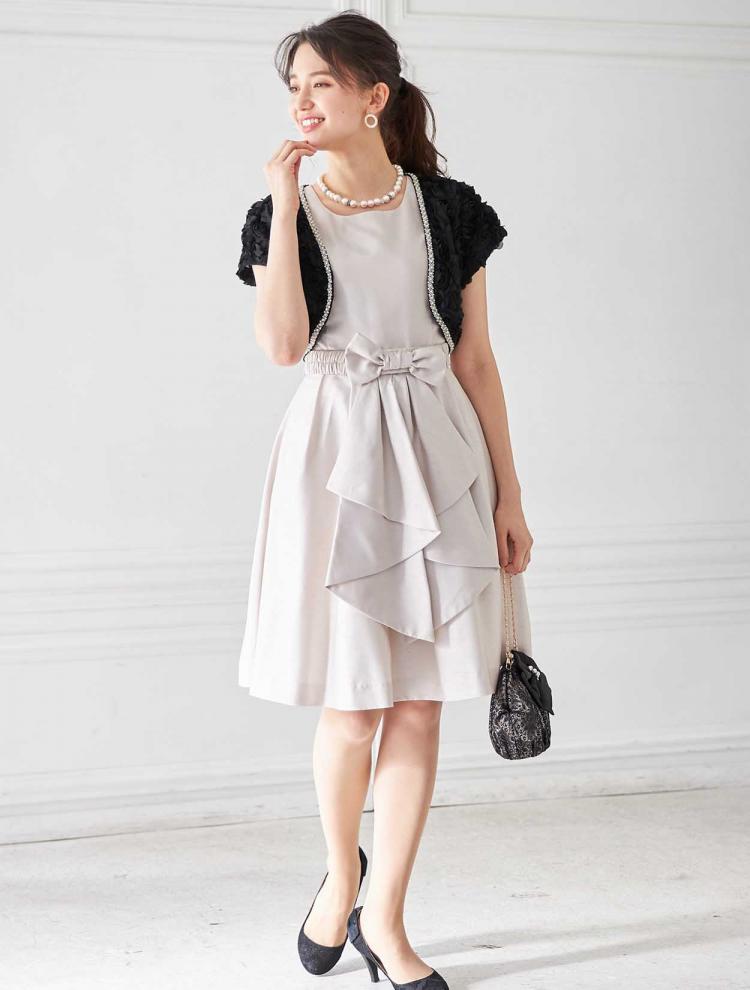 【SS～L】BIGリボンベルト フィット＆フレアレースアップドレス（ベージュ）DPSET0113