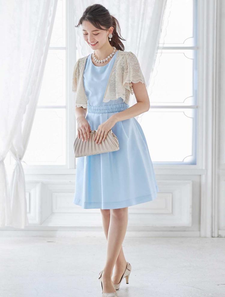 【SS～L】BIGリボンベルト フィット＆フレアレースアップドレス（サックス）DPSET0115