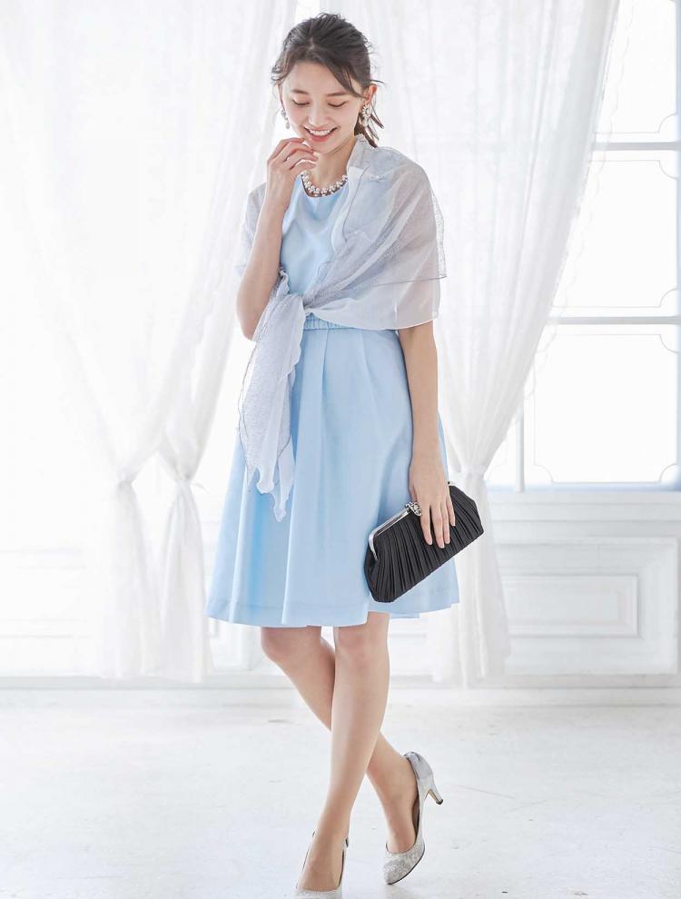 【SS～L】BIGリボンベルト フィット＆フレアレースアップドレス（サックス）DPSET0117