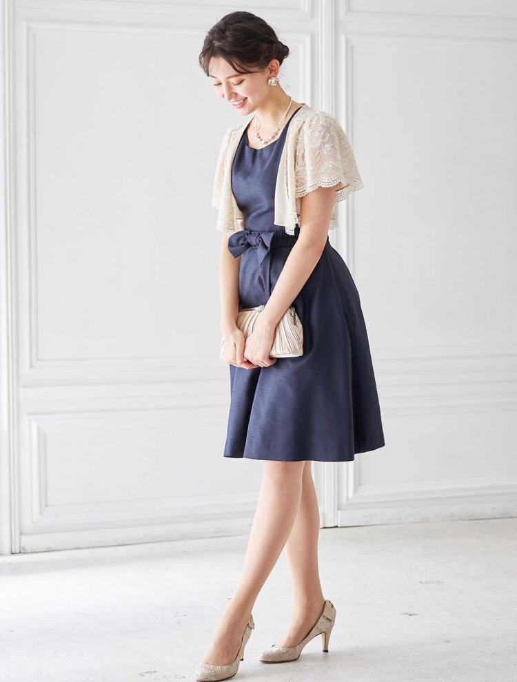 【SS～L】BIGリボンベルト フィット＆フレアレースアップドレス（ネイビー）DPSET0119