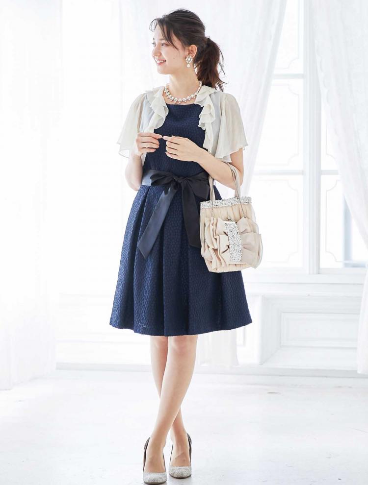 【S/M/L】ジャガード織りドレス（ネイビー）DPSET0123