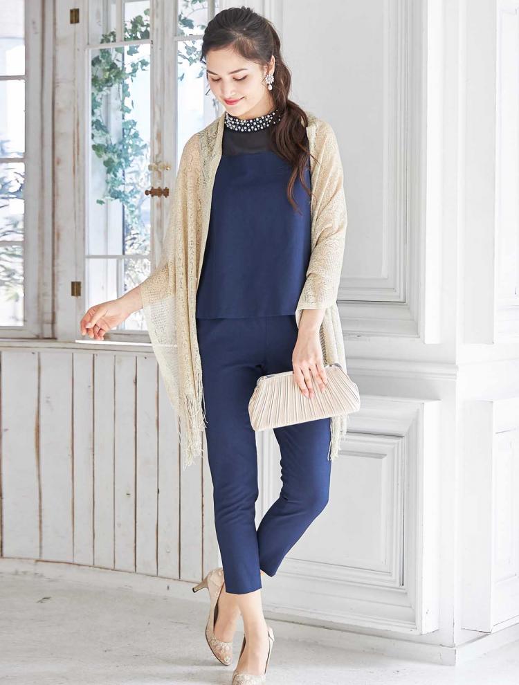 【M】スタンドネックセパレートパンツドレス（ネイビー）DPSET0126