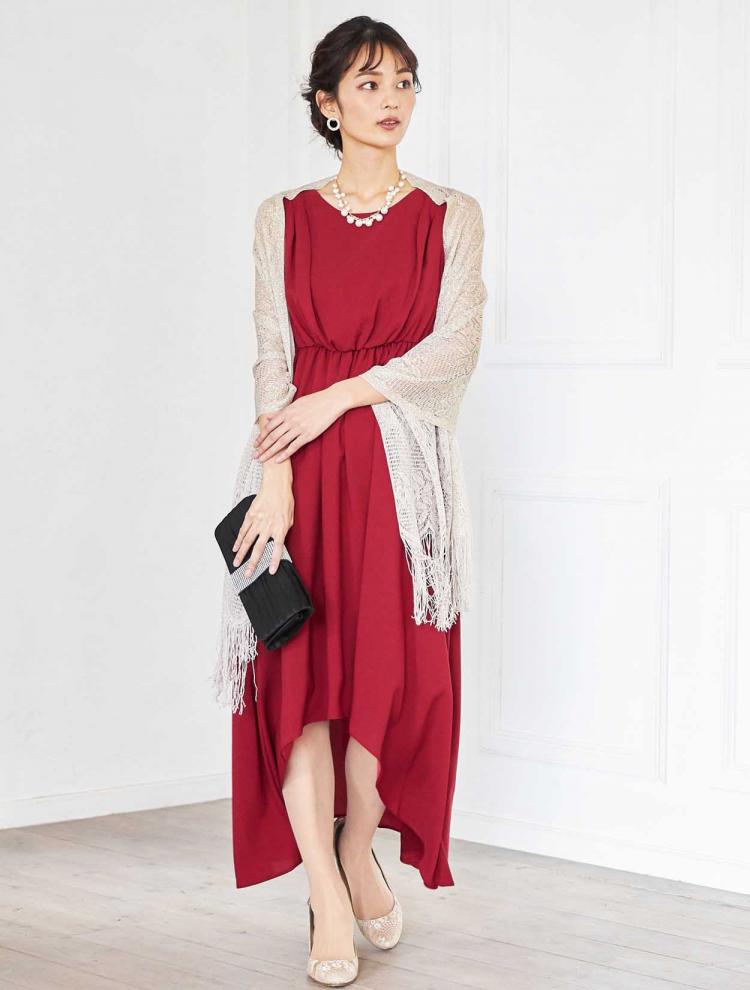 【M】イレギュラーヘムミディ丈ドレス（レッド）DPSET0128