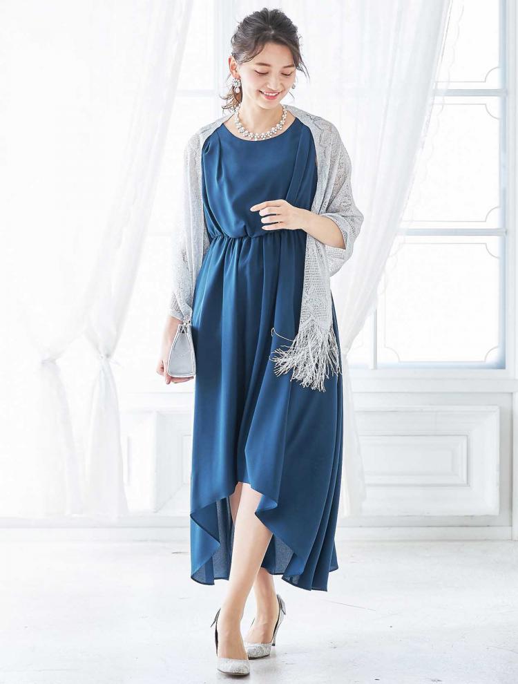 【M】イレギュラーヘムミディ丈ドレス（ブルー）DPSET0131