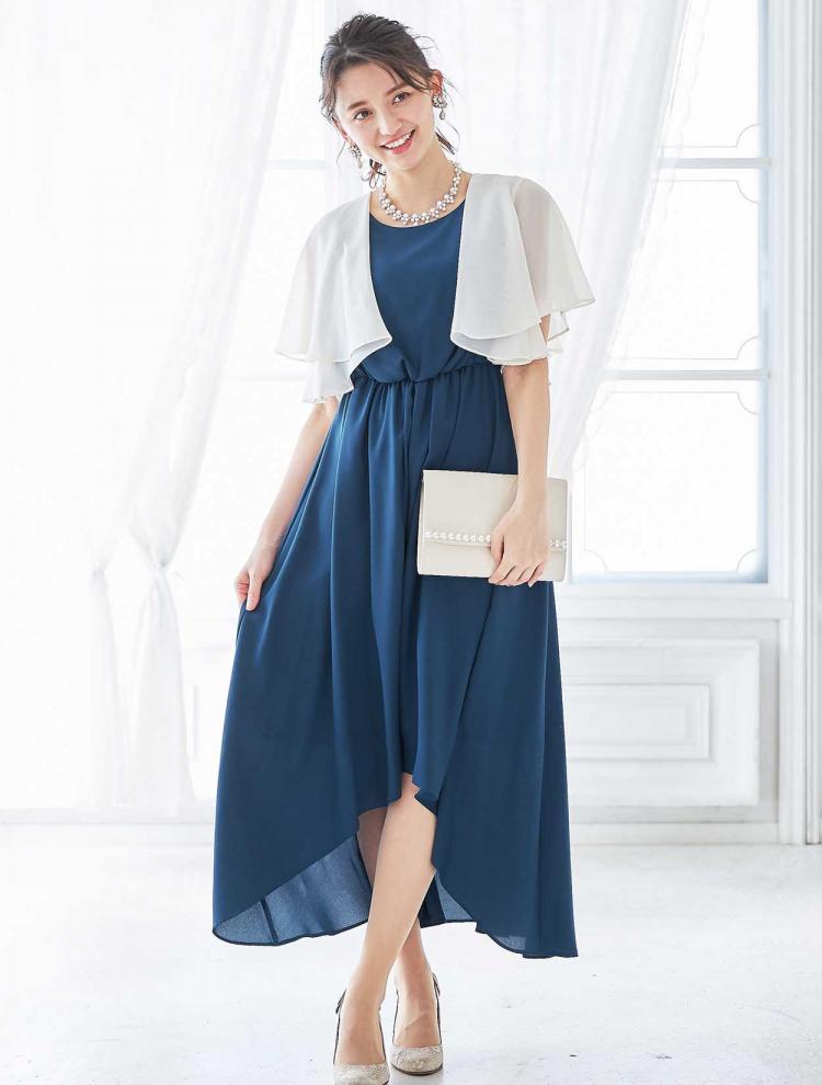 【M】イレギュラーヘムミディ丈ドレス（ブルー）DPSET0132