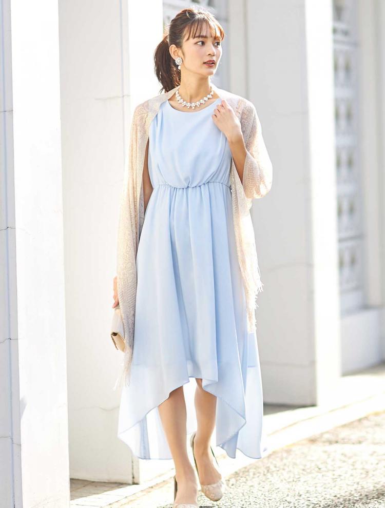 【M】イレギュラーヘムミディ丈ドレス（サックス）DPSET0133