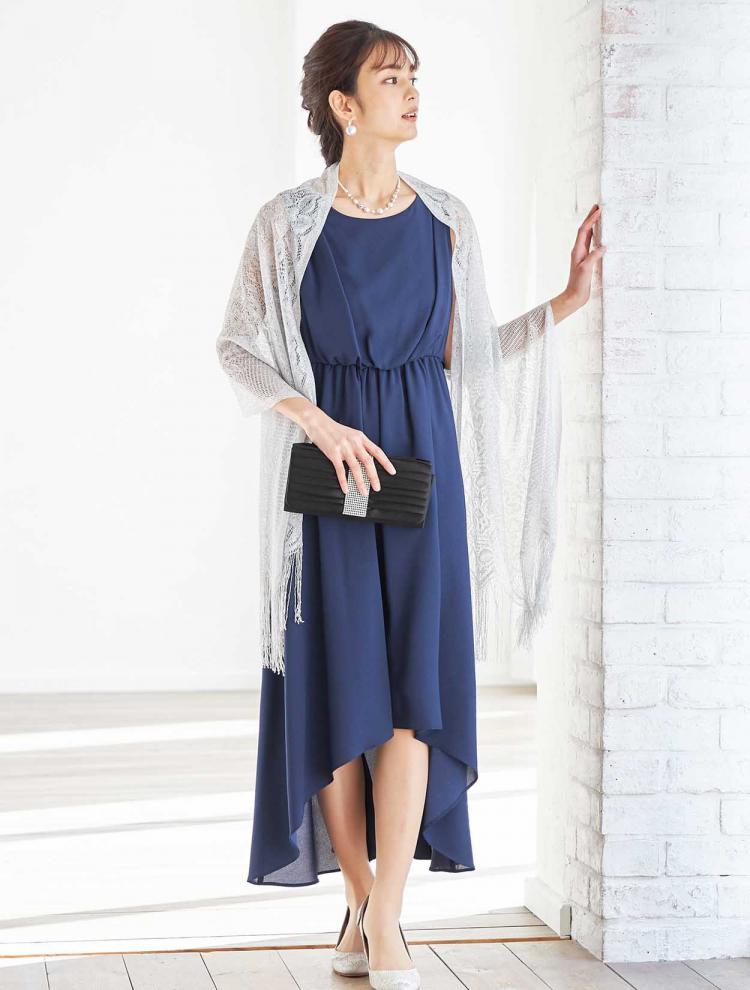 【M】イレギュラーヘムミディ丈ドレス（ネイビー）DPSET0135