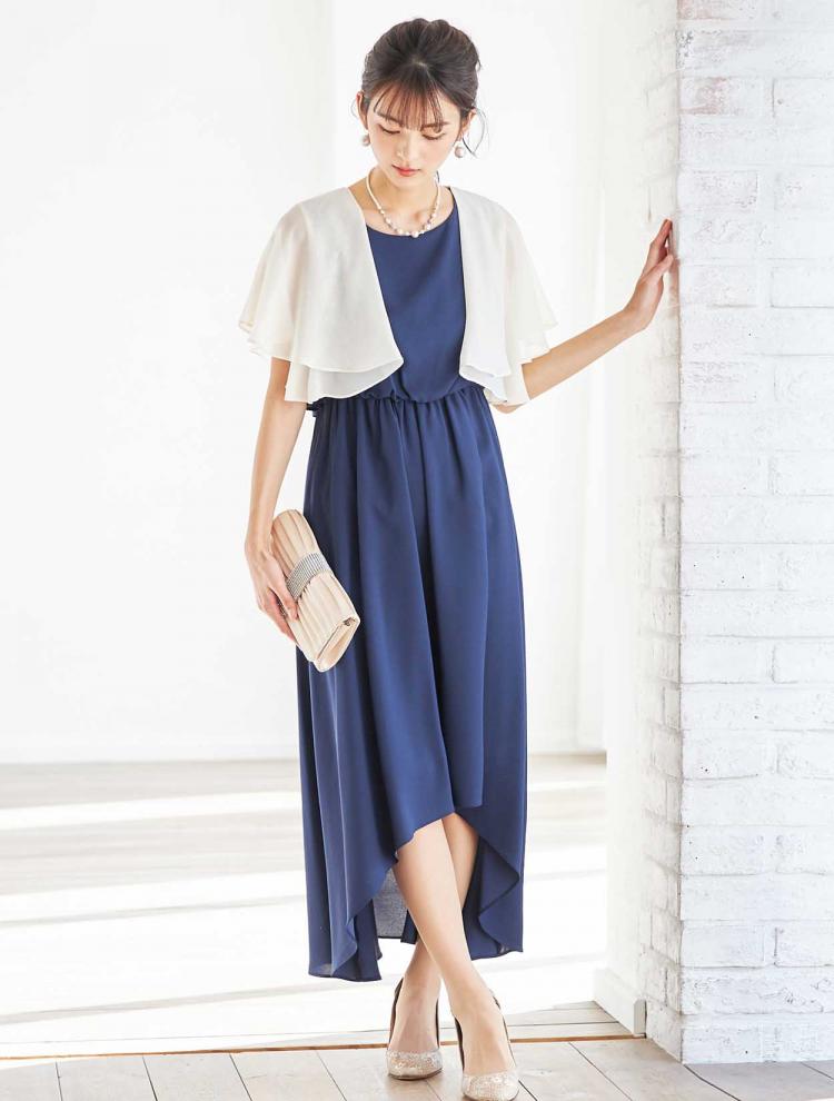 【M】イレギュラーヘムミディ丈ドレス（ネイビー）DPSET0136