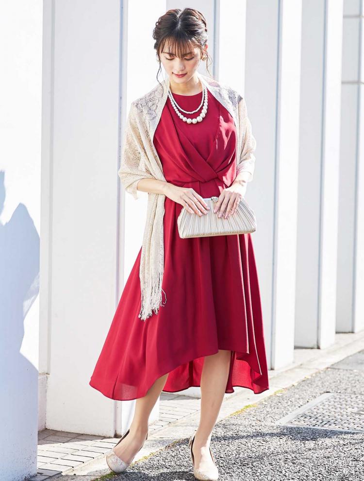 【M】ブラウスTOPS風ミディ丈ドレス（レッド）DPSET0137