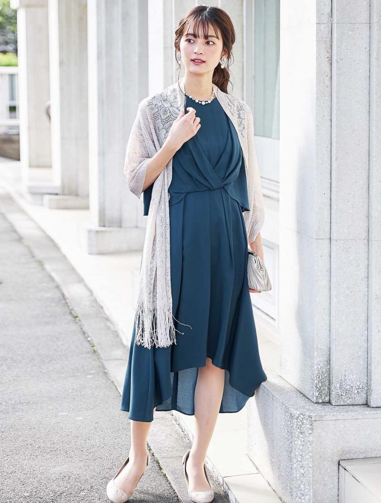 【M/L】ブラウスTOPS風ミディ丈ドレス（ブルー）DPSET0139