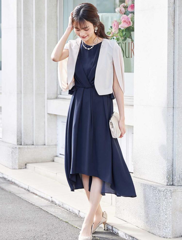 【M/L】ブラウスTOPS風ミディ丈ドレス（ネイビー）DPSET0141
