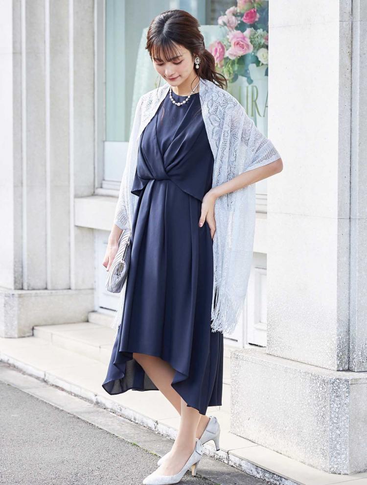 【M/L】ブラウスTOPS風ミディ丈ドレス（ネイビー）DPSET0142