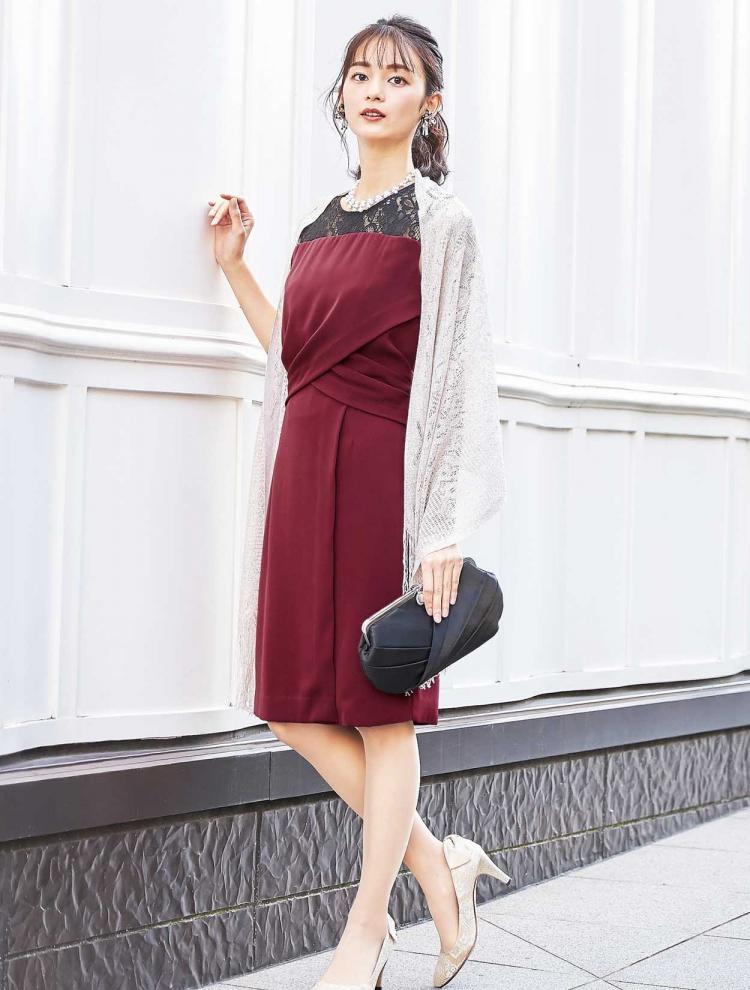 【M】ベア切替配色レース×サテンドレス（レッド）DPSET0143