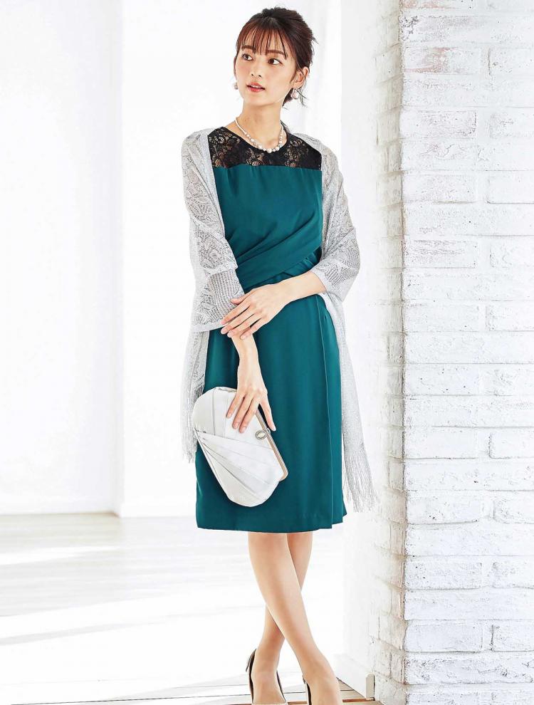 【M】ベア切替配色レース×サテンドレス（グリーン）DPSET0145