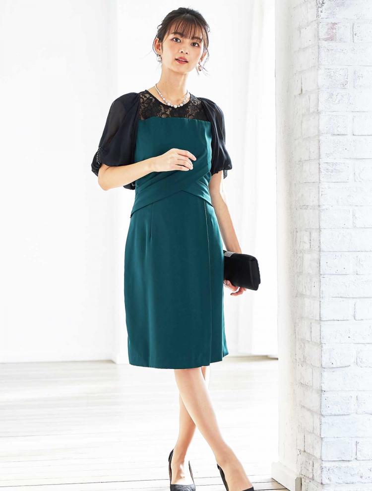 【M】ベア切替配色レース×サテンドレス（グリーン）DPSET0146