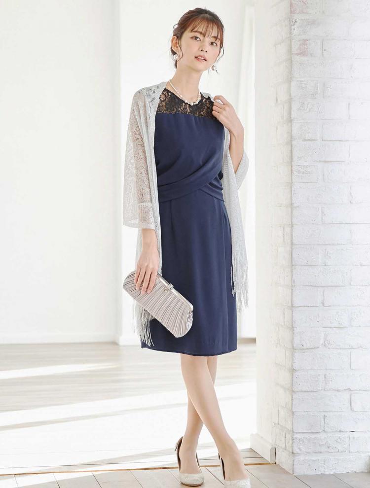 【M】ベア切替配色レース×サテンドレス（ネイビー）DPSET0147