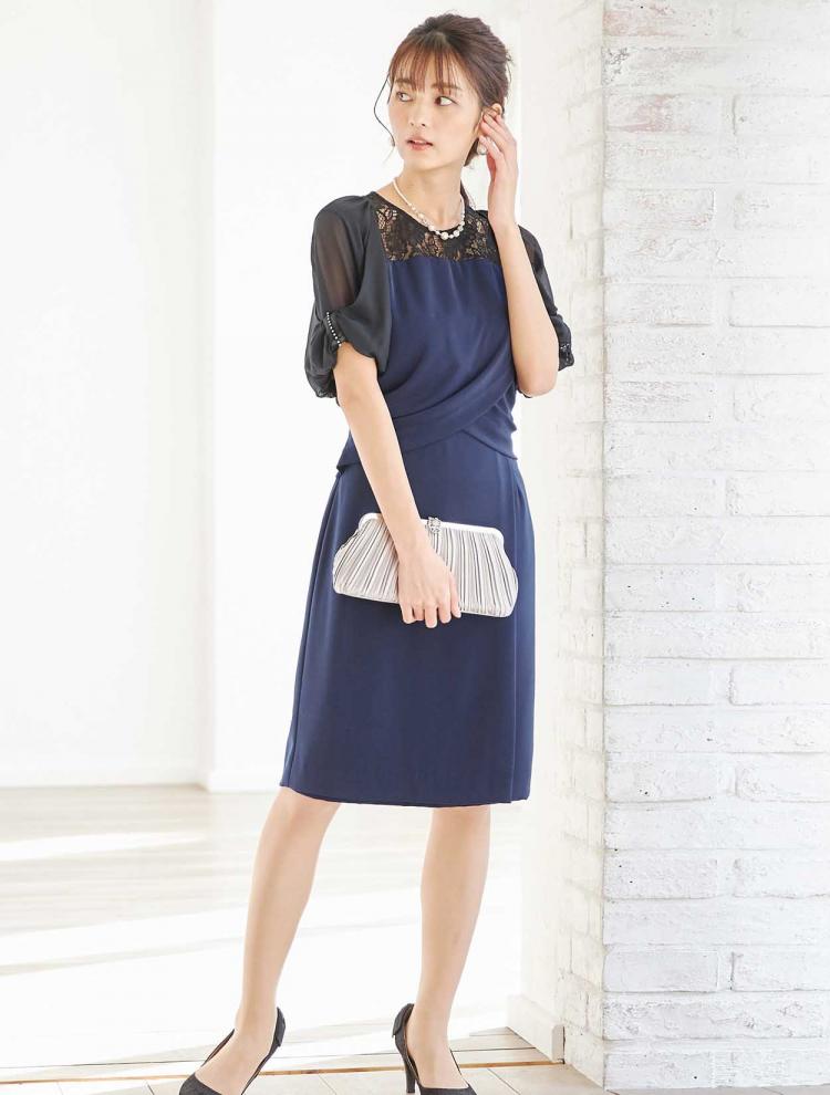 【M】ベア切替配色レース×サテンドレス（ネイビー）DPSET0148