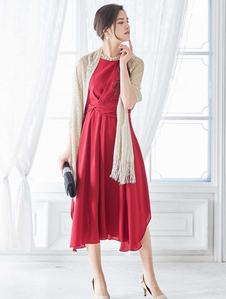 【M】丈長めジョーゼットレースアップドレス（レッド）DPSET0149