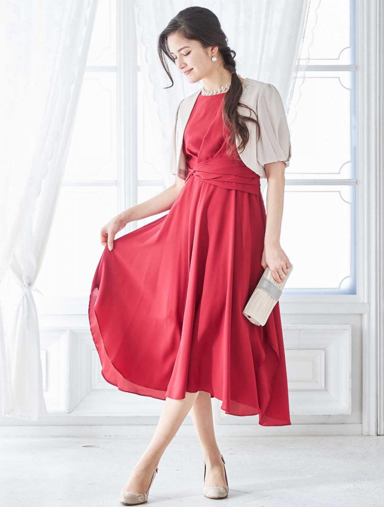 【M】丈長めジョーゼットレースアップドレス（レッド）DPSET0150