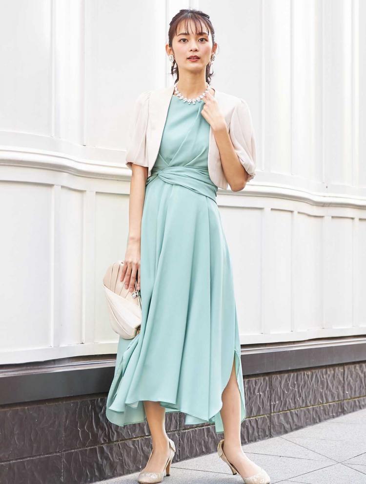 【M/L】丈長めジョーゼットレースアップドレス（グリーン）DPSET0154