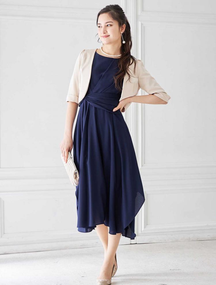 【M/L】丈長めジョーゼットレースアップドレス（ネイビー）DPSET0158