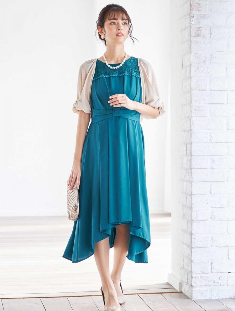 【M/L】胸元レースフィッシュテールドレス（グリーン）DPSET0163