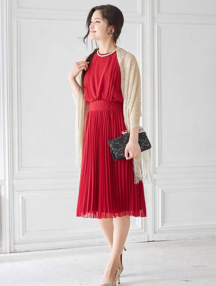 【M】ミディ丈プリーツドレス（レッド）DPSET0176
