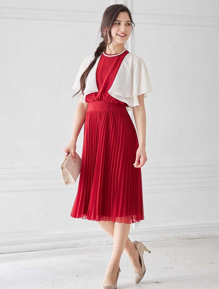 【M】ミディ丈プリーツドレス（レッド）DPSET0177