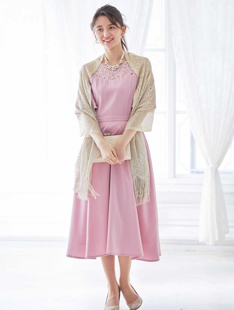 【M】フレアスリーブミモレ丈ドレス（ピンク）DPSET0178