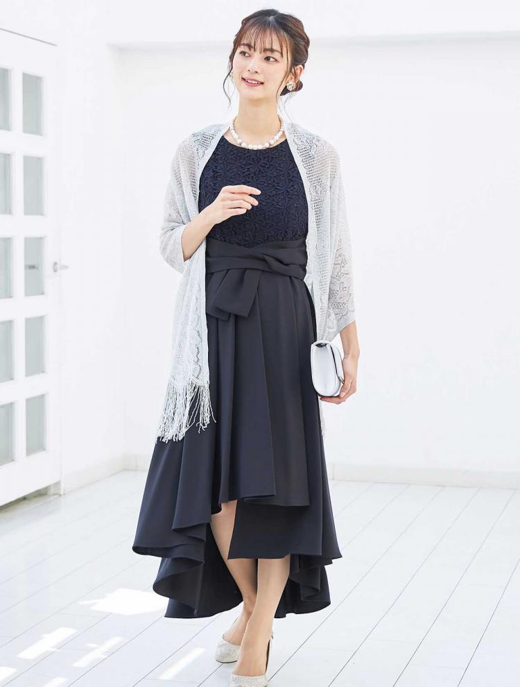 【M】レース切替ヘム裾ロングドレス（ブラック）DPSET0183