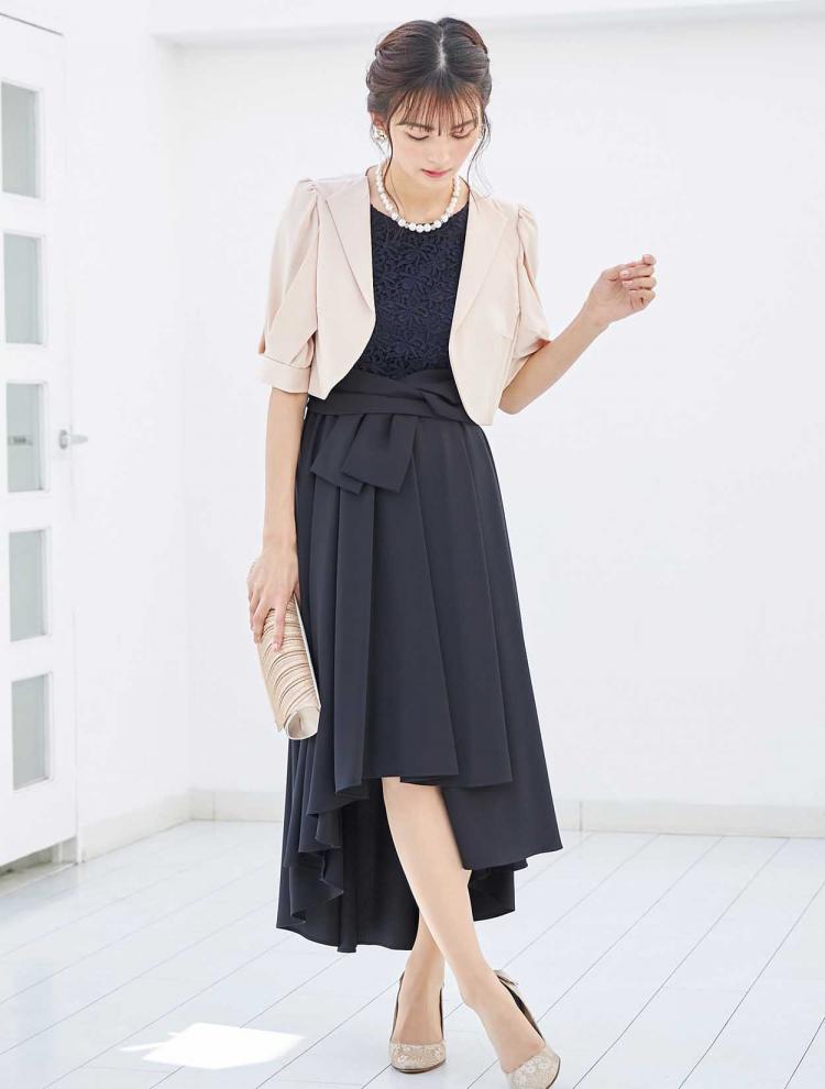 【M】レース切替ヘム裾ロングドレス（ブラック）DPSET0184