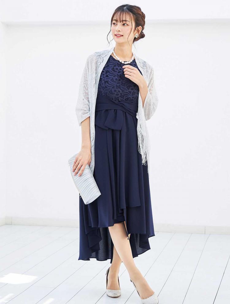 【M】レース切替ヘム裾ロングドレス（ネイビー）DPSET0185