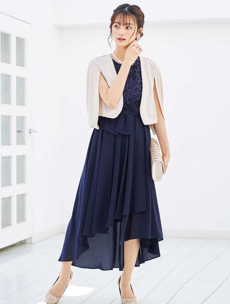 【M】レース切替ヘム裾ロングドレス（ネイビー）DPSET0186