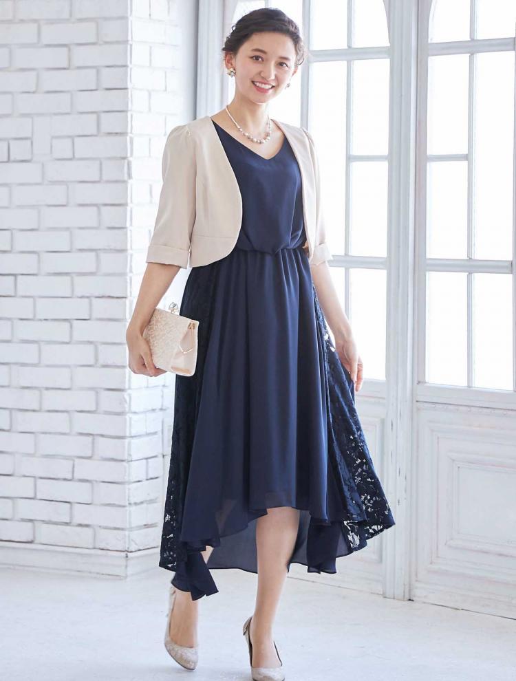 【M】サイドレースヘム裾ドレス（ネイビー）DPSET0191