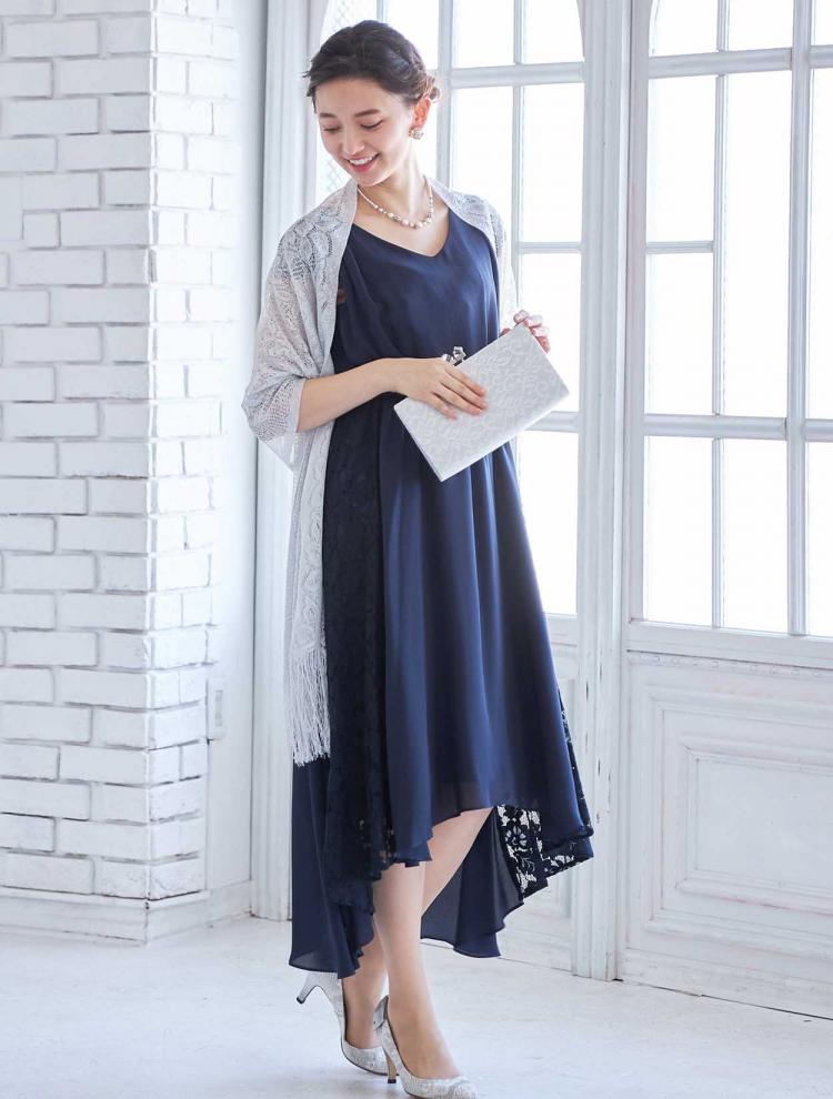 【M】サイドレースヘム裾ドレス（ネイビー）DPSET0192