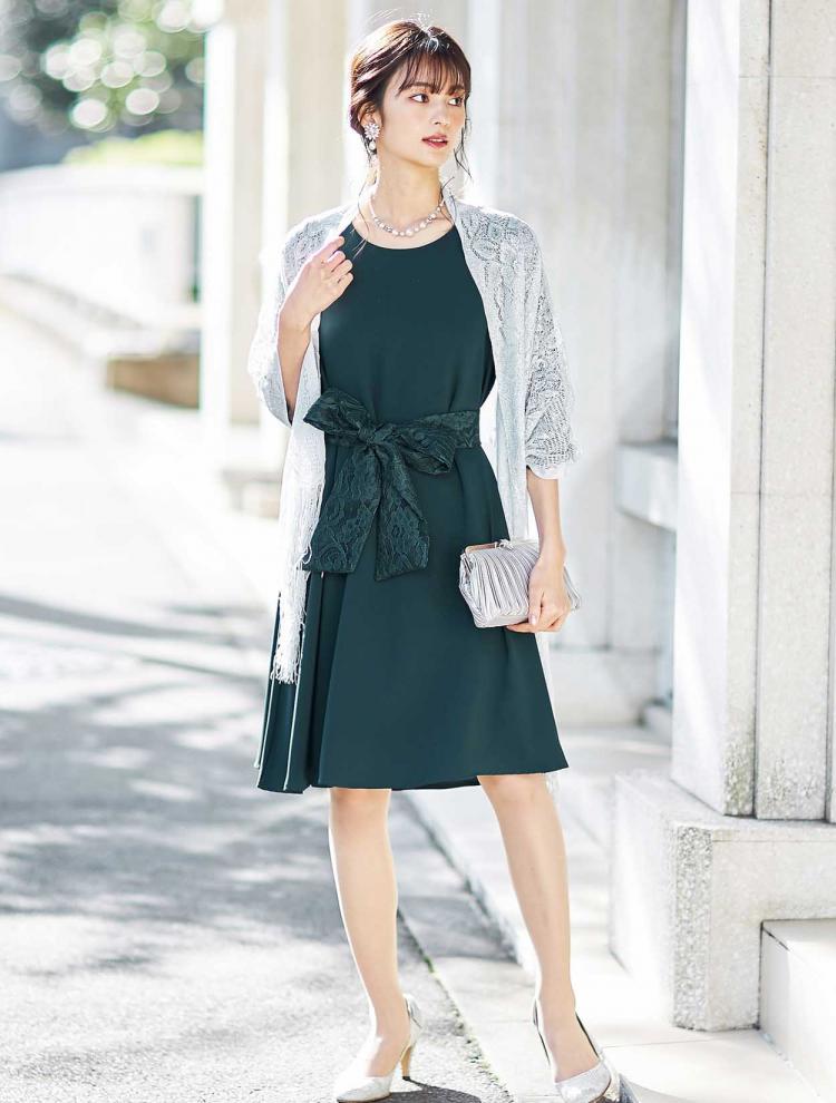 【M】レーススリーブフレアドレス（グリーン）DPSET0197