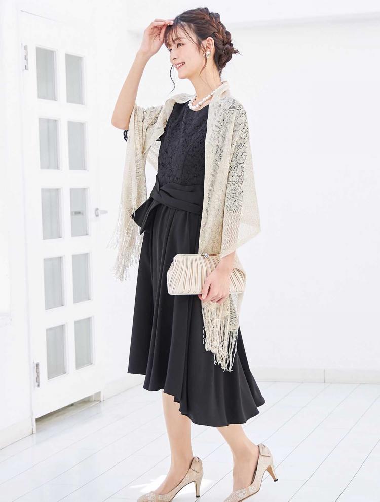 【M】レーストップスミディ丈ドレス（ブラック）DPSET0199